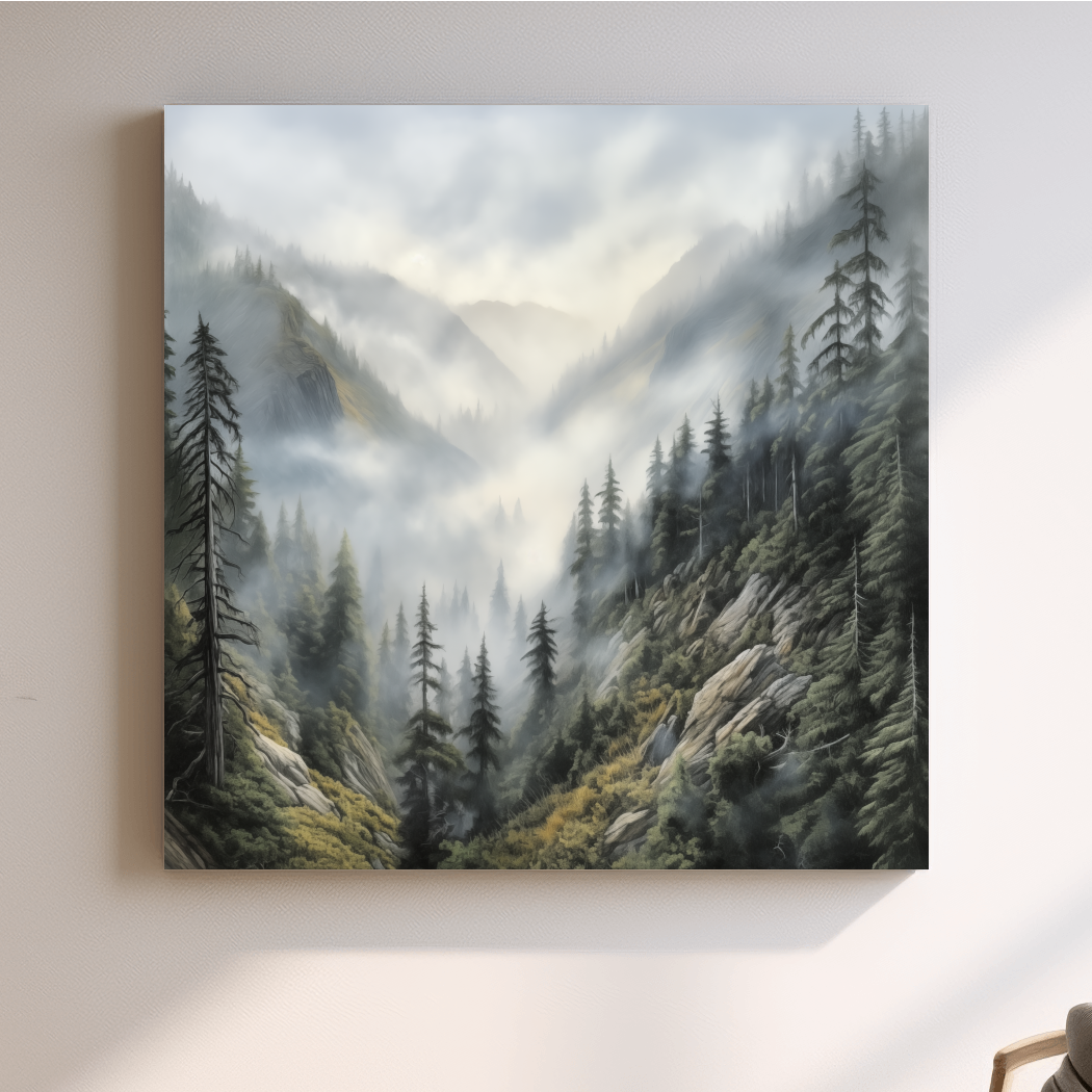 Misty Mountain Valley Pine Forest Painting - Foggy Alpine Landscape Wall Art