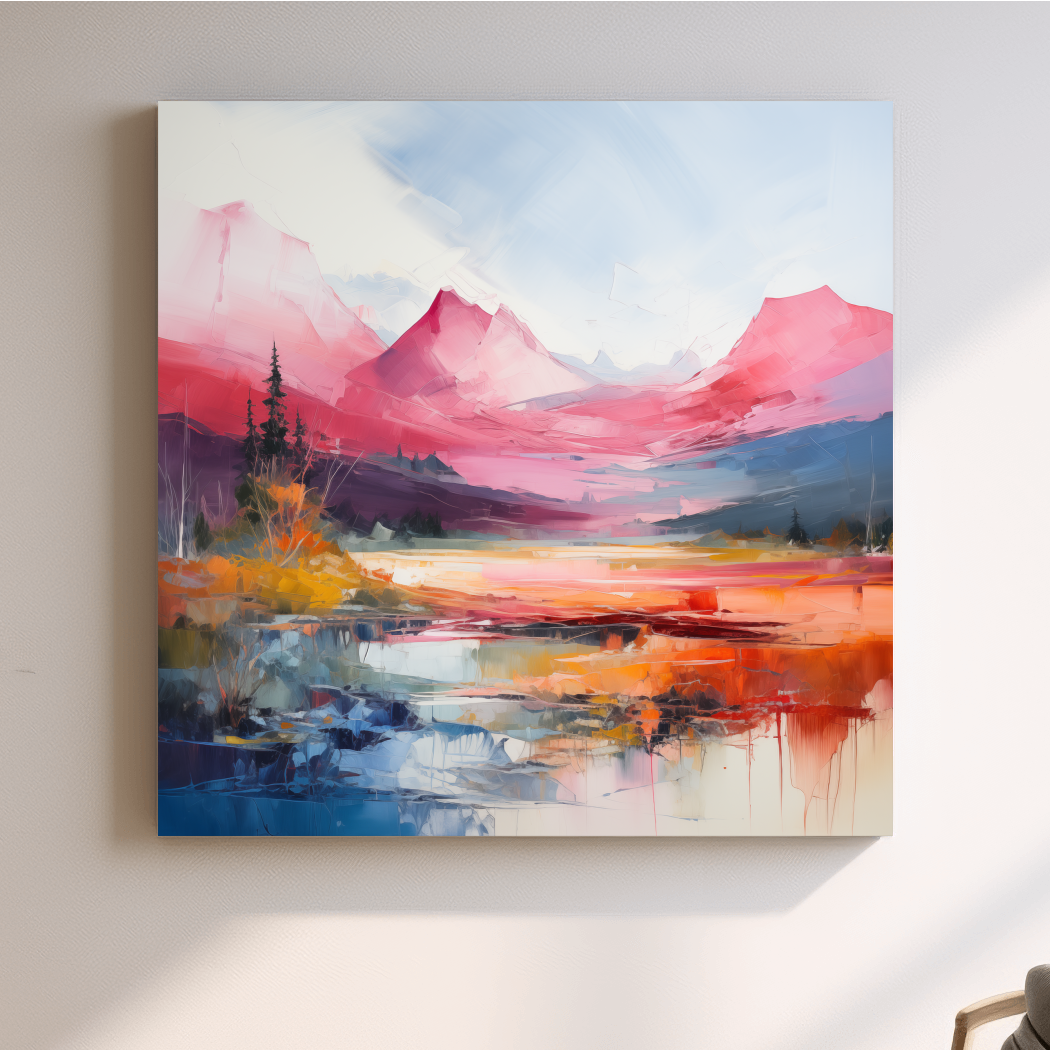 Vibrant Abstract Impressionist Alpine Lake Sunset Painting - Colorful Mountain Wall Art