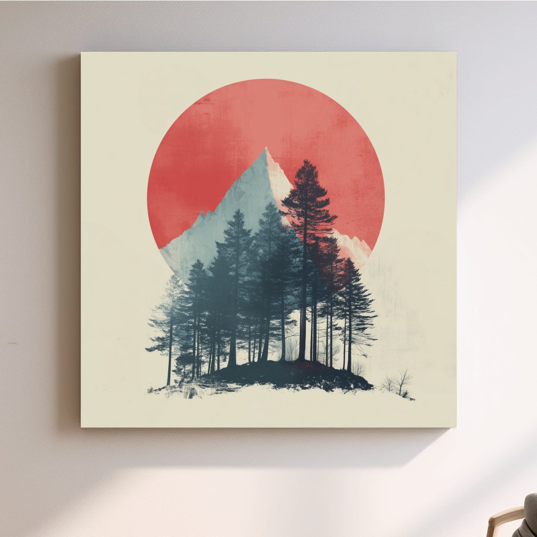 Minimalist Mountain Peak Pine Forest - Scandinavian Sunset Landscape Wall Art