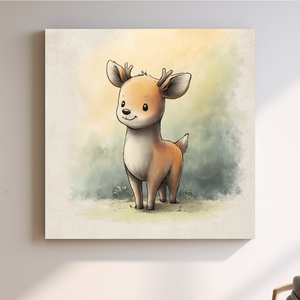 Cute Baby Deer Watercolor Illustration - Whimsical Woodland Nursery Wall Art