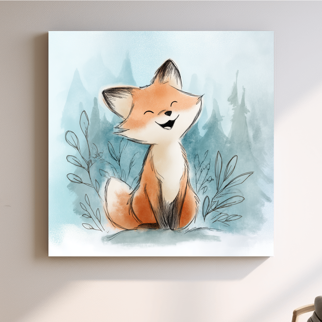 Whimsical Watercolor Fox Cub Illustration - Cute Woodland Nursery Wall Art