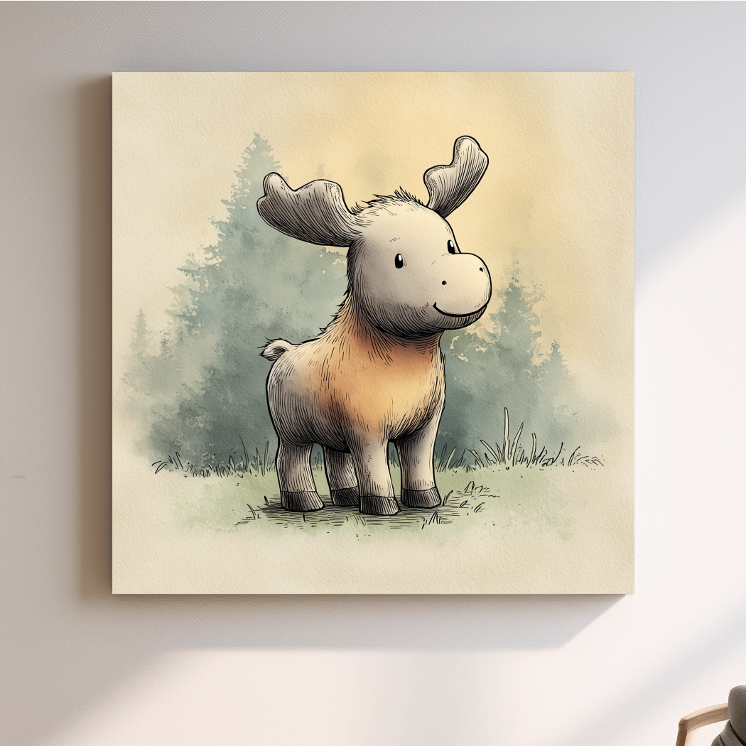 Cute Baby Moose Watercolor Illustration - Woodland Nursery Animal Wall Art