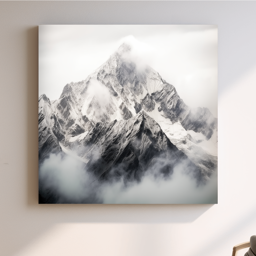 Snowcapped Alpine Peak Photography - Monochrome Mountain Wall Art