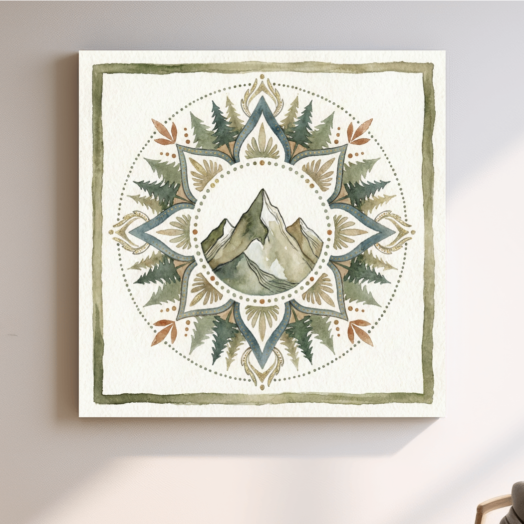 Mountain Mandala Watercolor - Boho Botanical Nature Wall Art