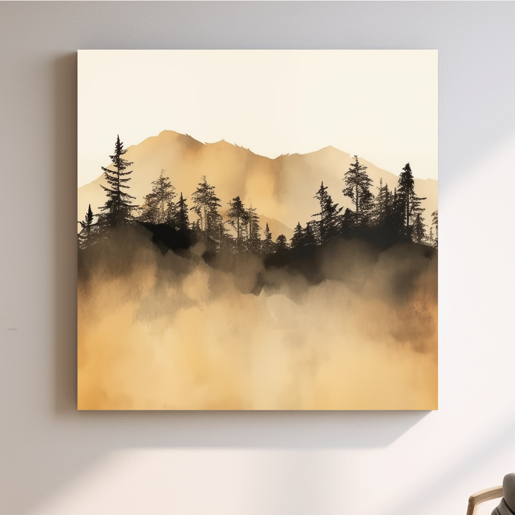 Misty Golden Mountain Pine Forest - Sepia Watercolor Landscape Wall Art