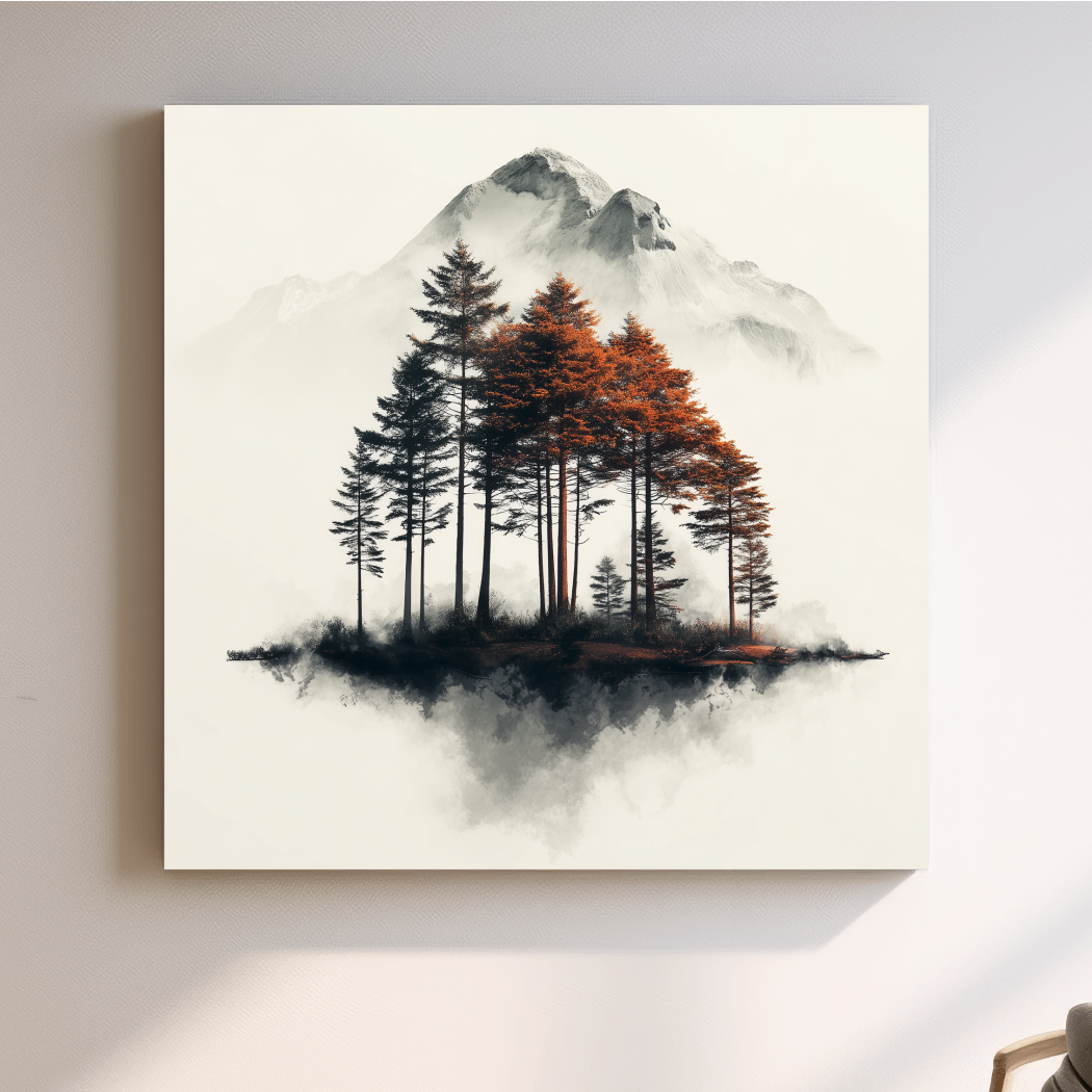 Misty Mountain Pine Forest Watercolor - Autumn Landscape Wall Art