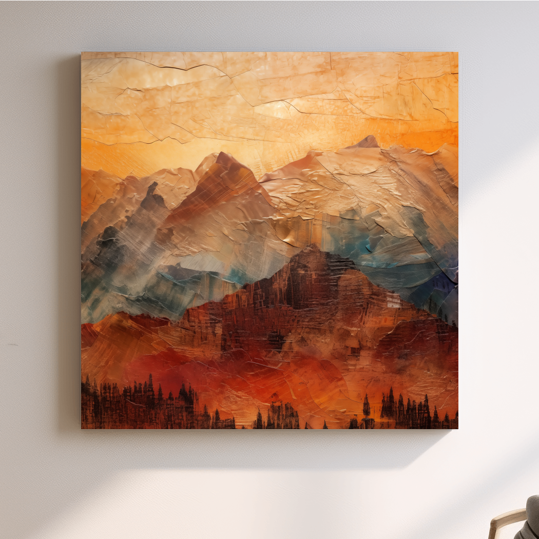 Impasto Style Abstract Mountain Range Sunset - Warm Rustic Landscape Wall Art
