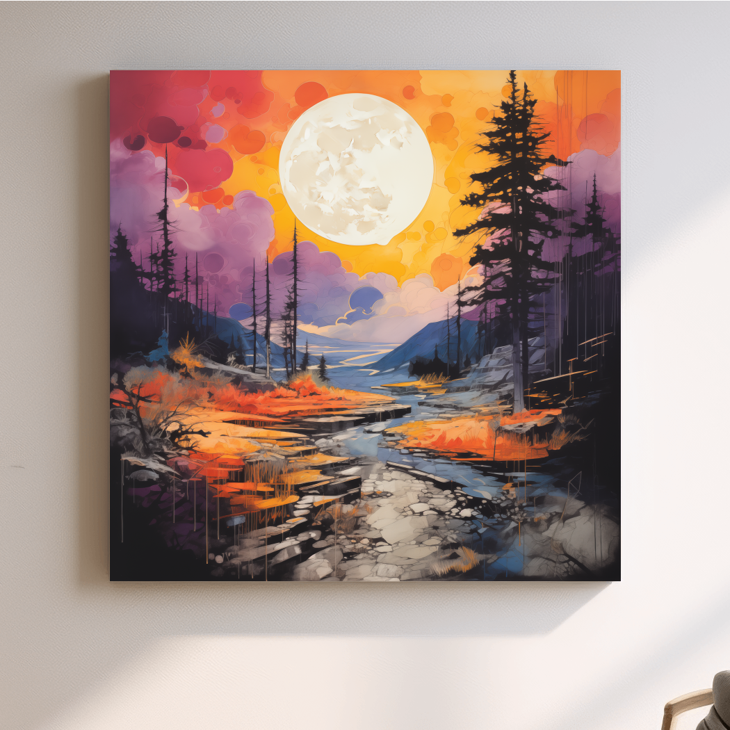 Vibrant River Valley Landscape Illustration - Abstract Sunset Forest Wall Art