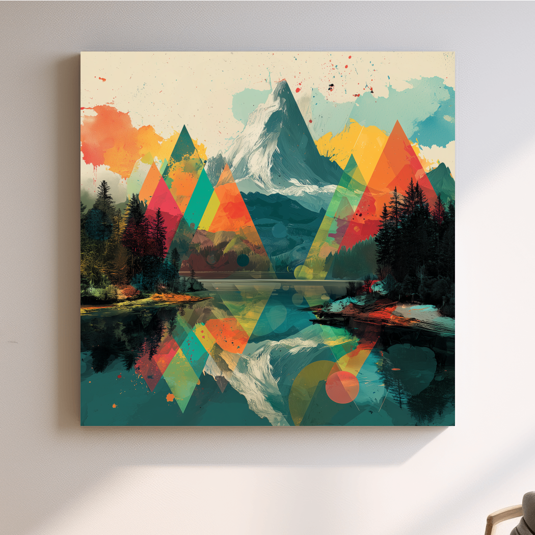 Vibrant Abstract Mountain Lake Collage Art - Colorful Alpine Wall Art