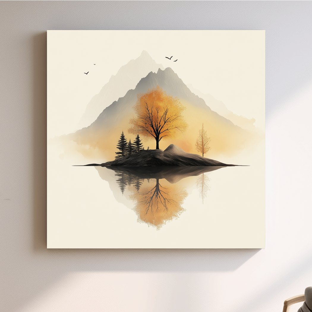 Minimalist Misty Mountain Lake Illustration - Serene Autumn Tree Landscape Wall Art