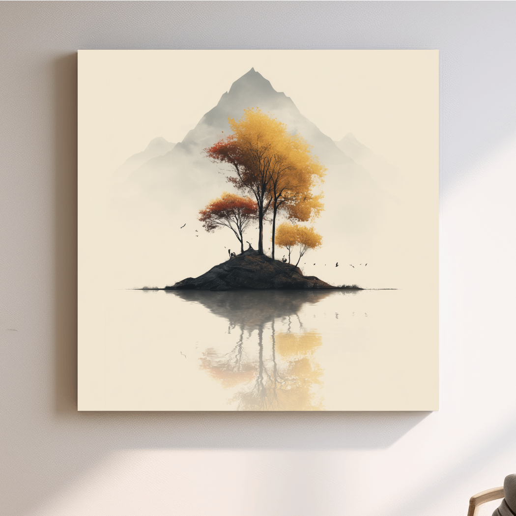 Minimalist Autumn Trees On Misty Lake Island - Serene Mountain Landscape Wall Art