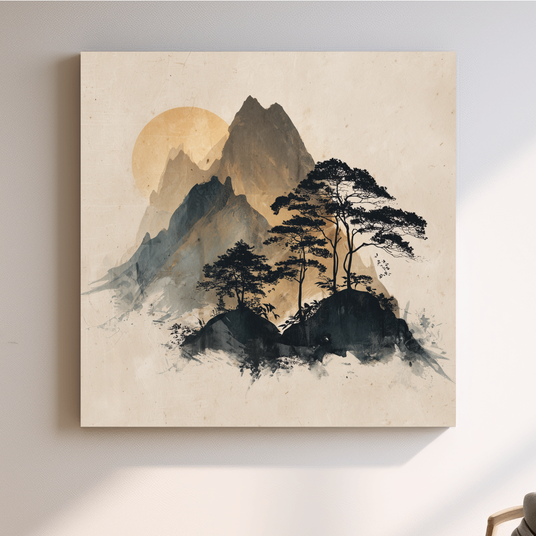 Zen Ink Wash Mountain Sunrise - Minimalist Japanese Pine Landscape Wall Art