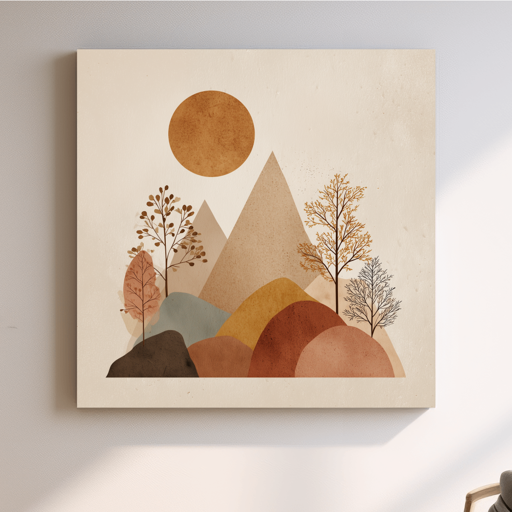 Minimalist Scandi Mountain Sunset Landscape - Boho Neutral Earth Tone Wall Art
