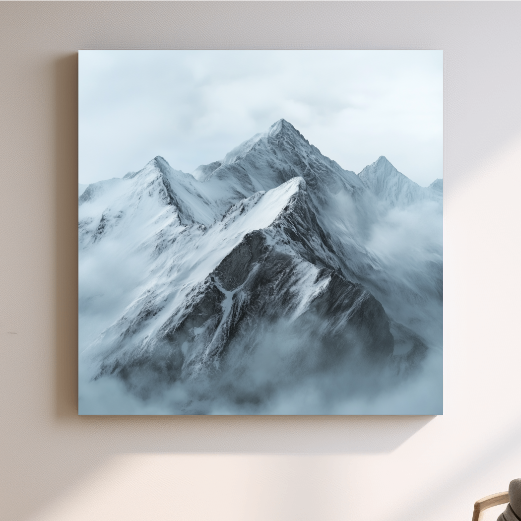 Misty Snowcapped Alpine Peak Landscape - Monochrome Photographic Mountain Wall Art