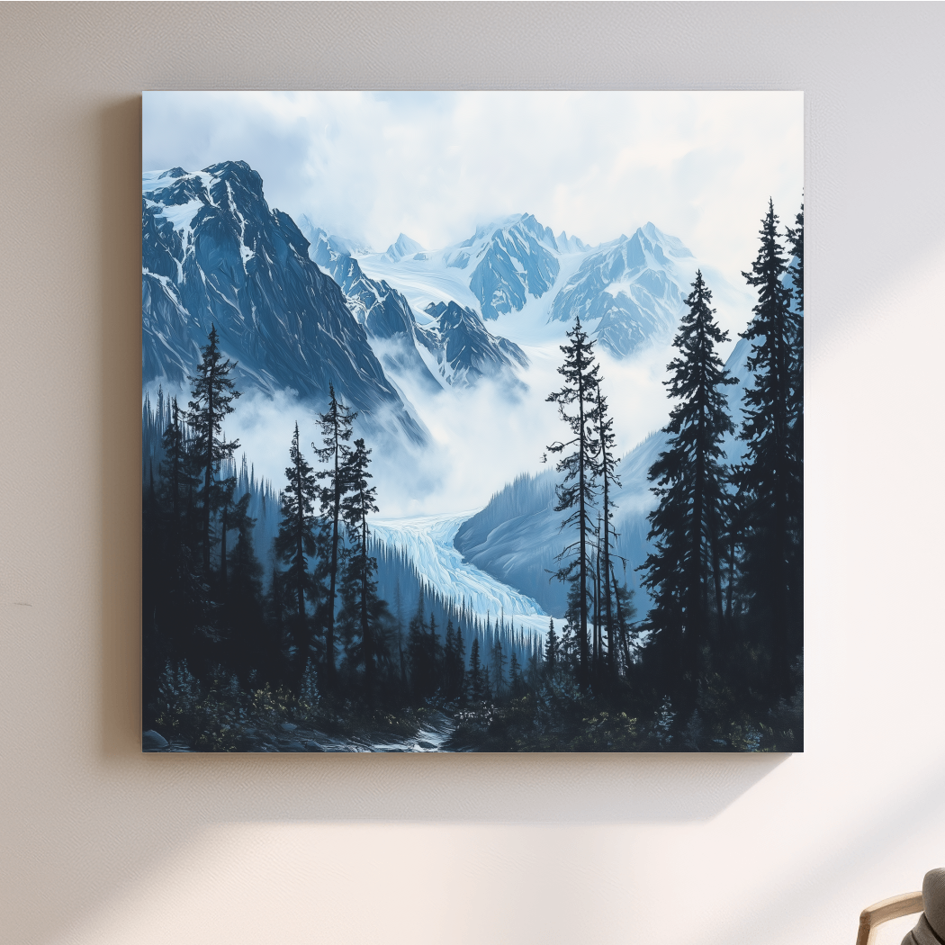 Misty Alpine Glacier Valley Landscape - Moody Mountain Forest Wall Art