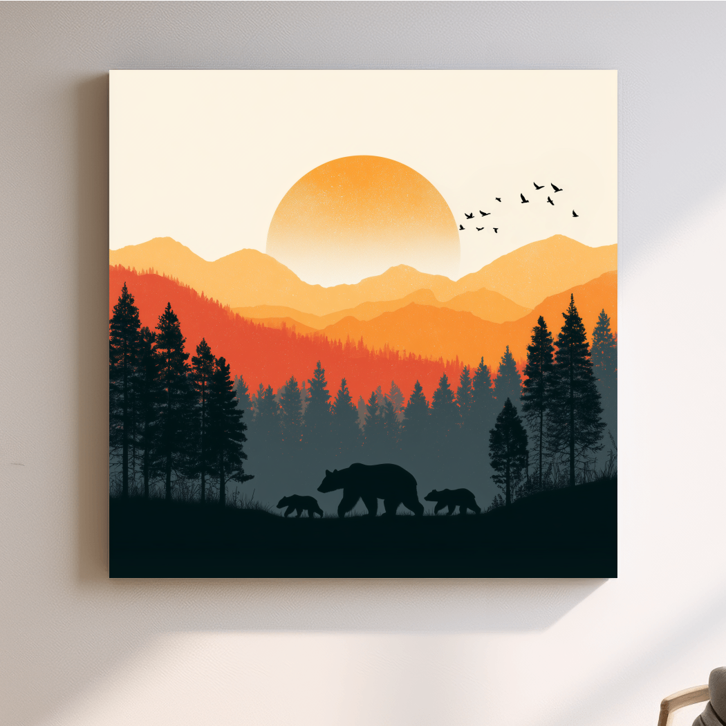 Sunset Mama Bear & Cubs Silhouette - Wildlife Forest Landscape Wall Art