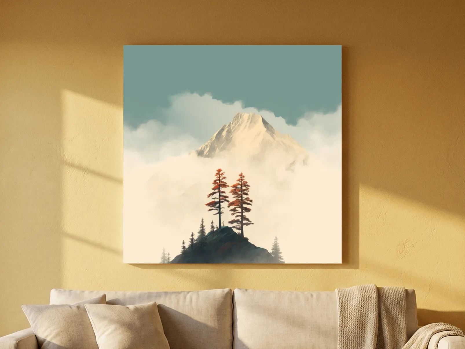 Misty Alpine Peak With Autumn Pines - Minimalist Mountain Artwork