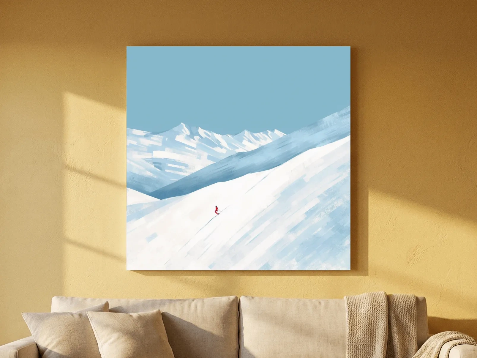 Minimalist Snowy Mountain Skier Painting - Alpine Winter Wall Art