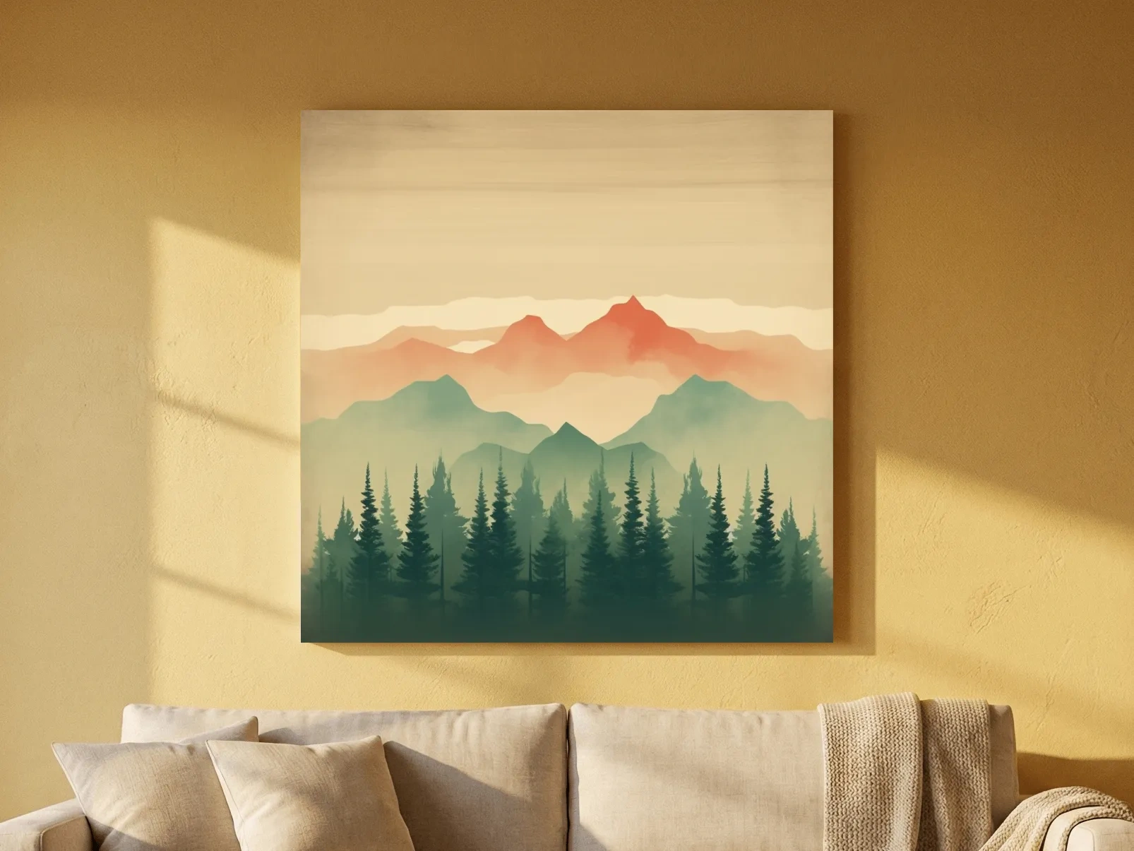 Misty Watercolor Mountain Range Sunrise - Pine Forest Landscape Artwork