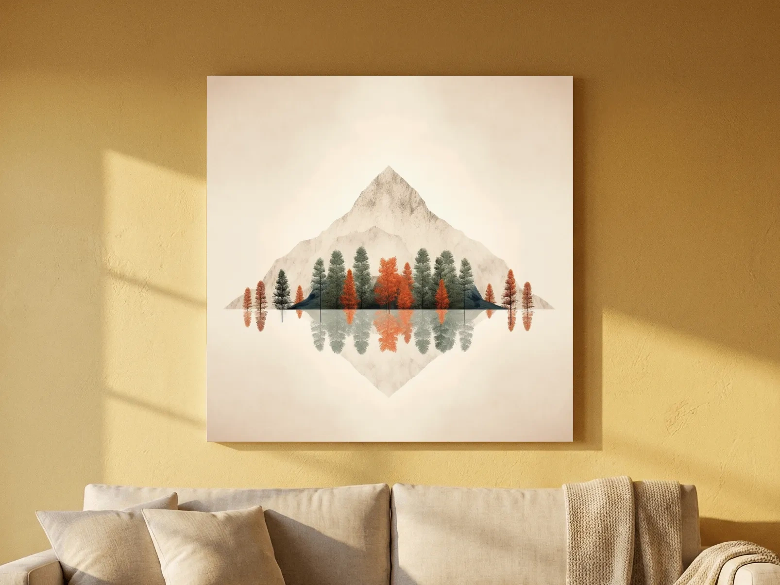 Minimalist Minimal Mountain Lake Reflection Painting - Autumn Pine Forest Artwork