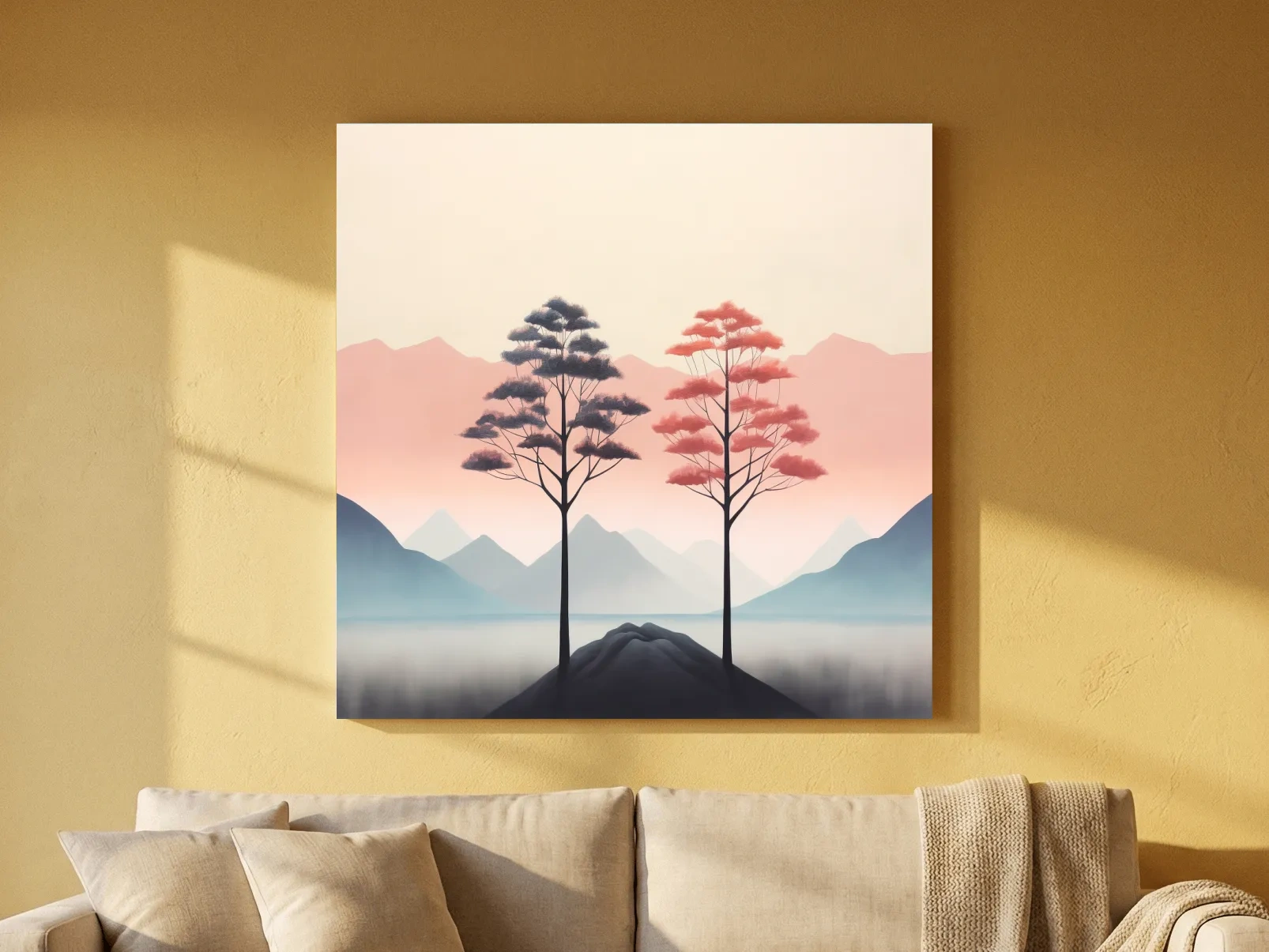Minimalist Twin Pine Trees Landscape - Serene Pastel Mountain Lake Wall Art