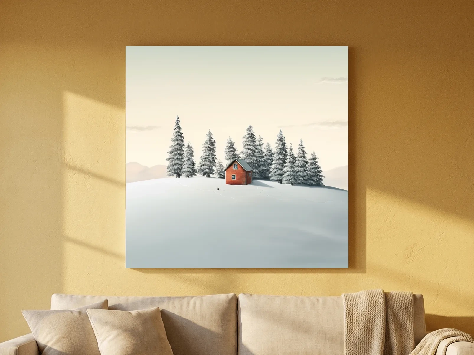 Minimalist Snowy Cabin In Pine Forest - Serene Winter Landscape Wall Art