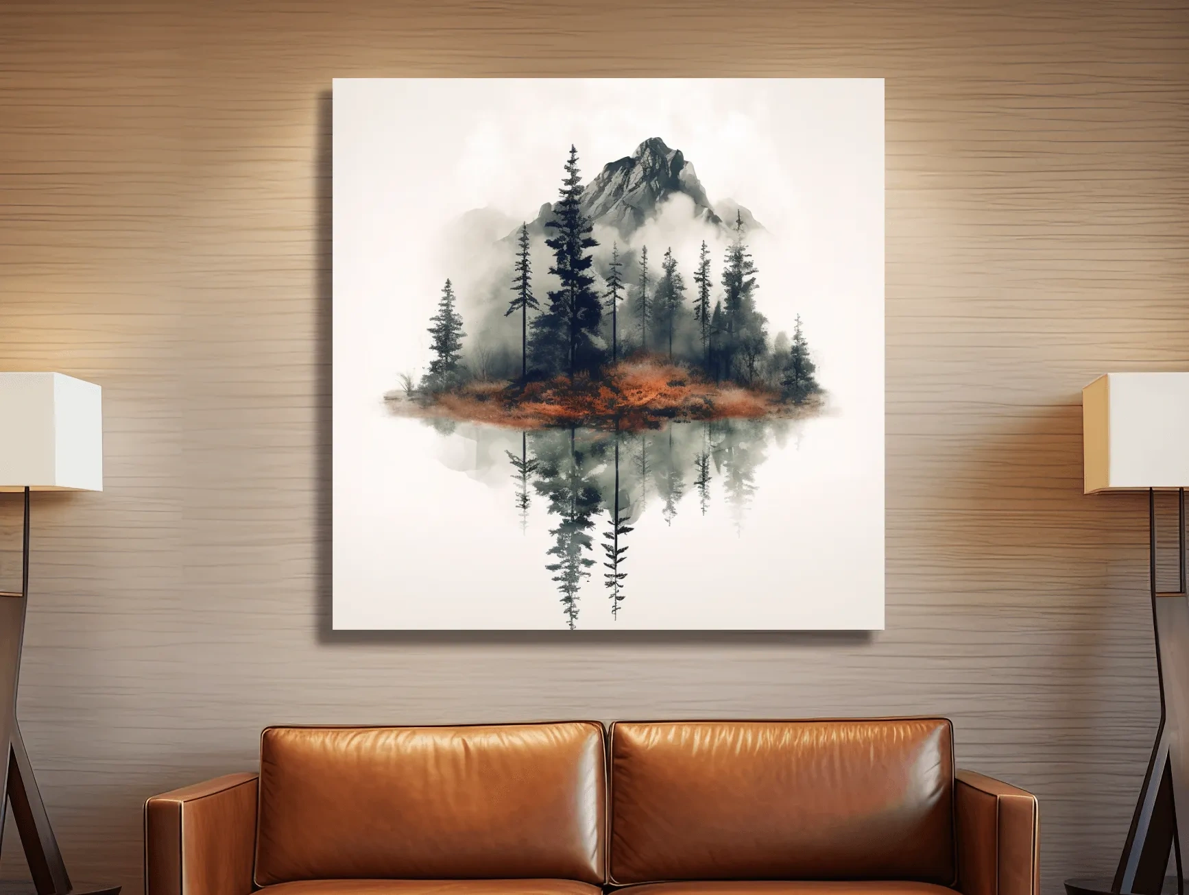 Minimalist Mountain Lake Reflection Watercolor - Moody Pine Forest Landscape Wall Art