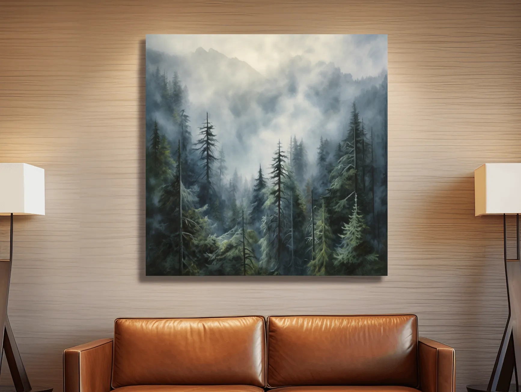 Moody Misty Pine Forest Mountains - Atmospheric Landscape Painting Wall Art