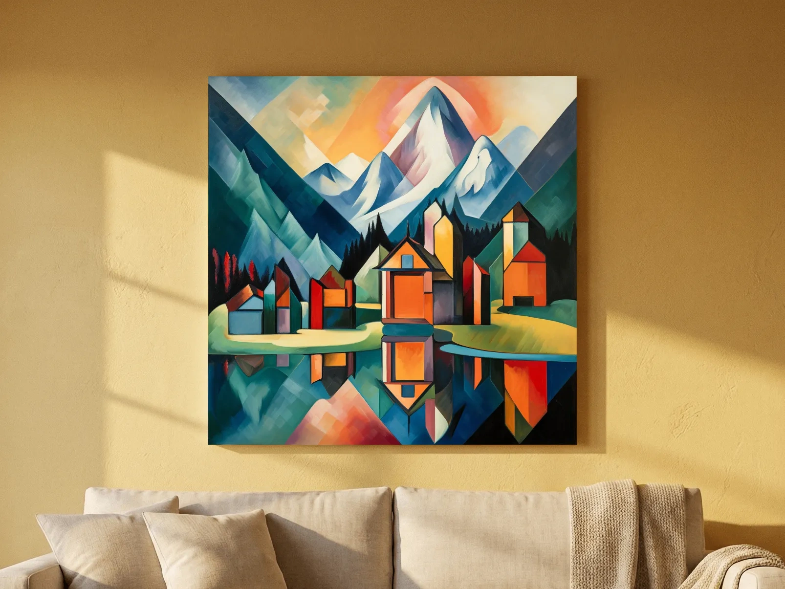 Colorful Geometric Alpine Village Lake Painting - Modern Abstract Mountain Wall Art
