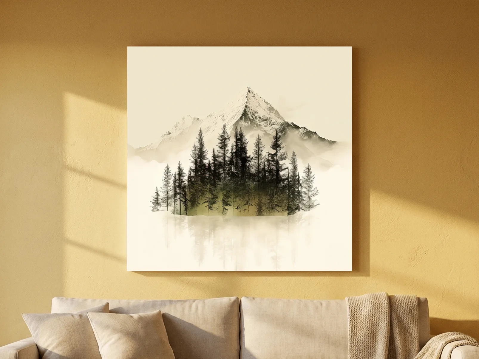 Misty Alpine Mountain Pine Forest Artwork - Minimalist Landscape Wall Art