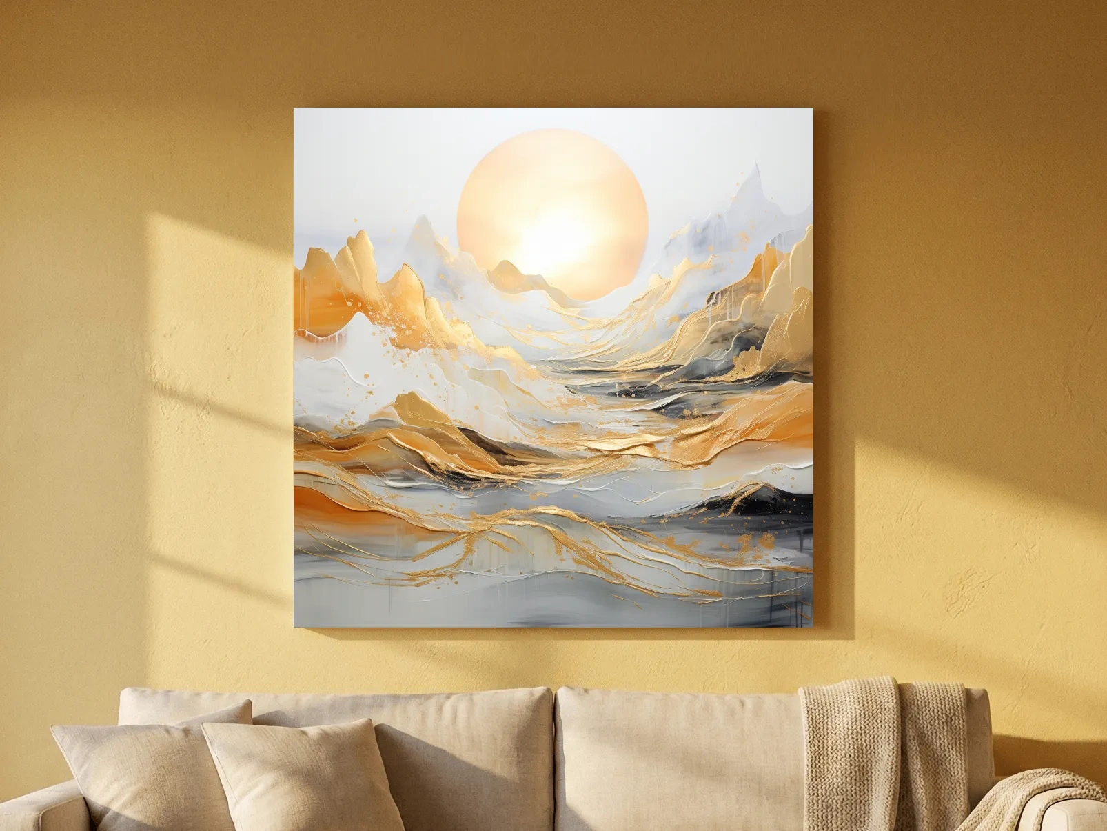 Abstract Golden Sunrise Mountain Landscape - Modern Golf Leaf Style Wall Art