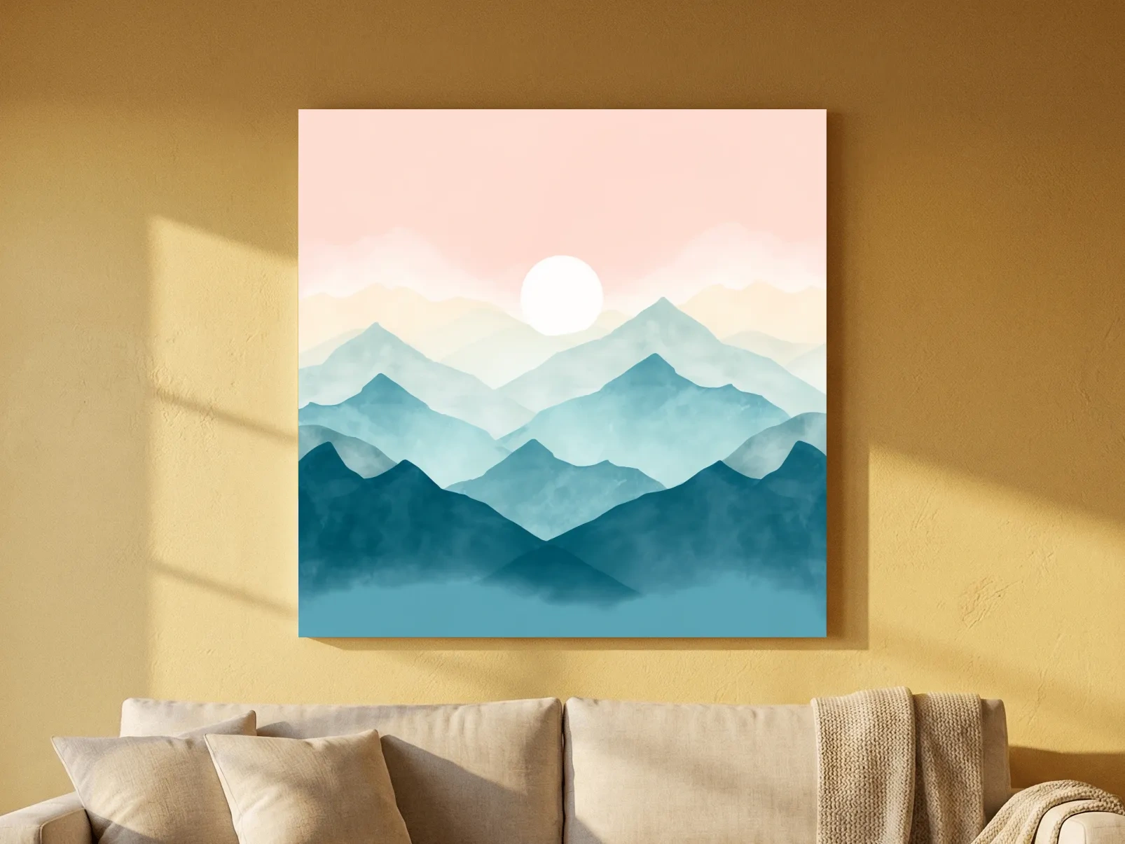 Minimalist Watercolor Misty Mountain Sunrise - Pastel Alpine Landscape Wall Art
