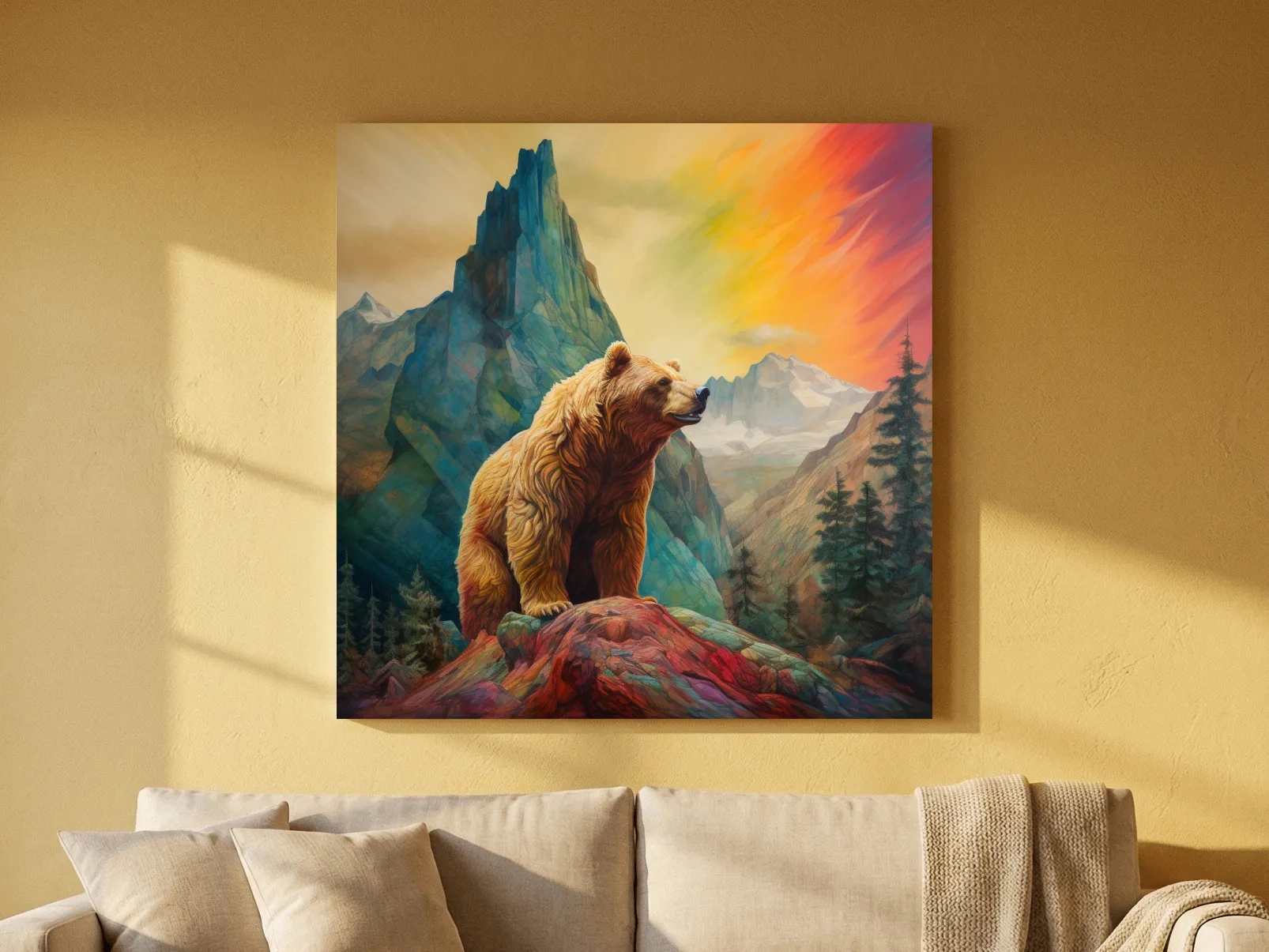 Majestic Grizzly Bear Mountain Landscape - Vibrant Painting Style Wildlife Wall Art