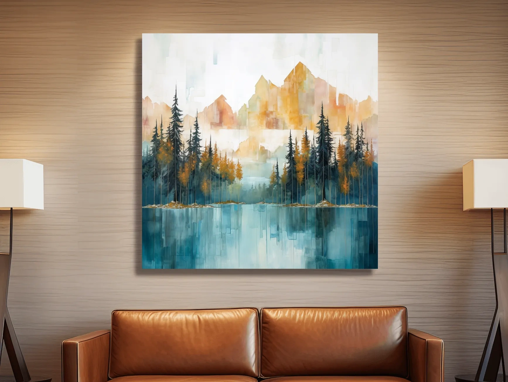 Abstract Watercolor Alpine Lake Reflection - Misty Mountain Forest Wall Art
