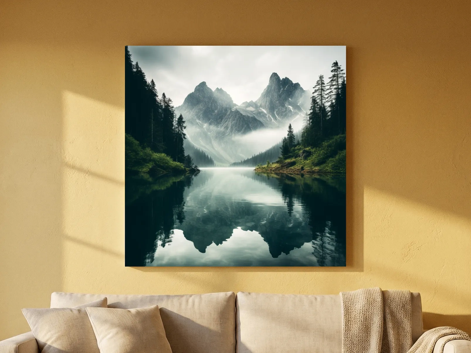 Misty Alpine Mountain Lake Reflection - Moody Pine Forest Photographic Wall Art