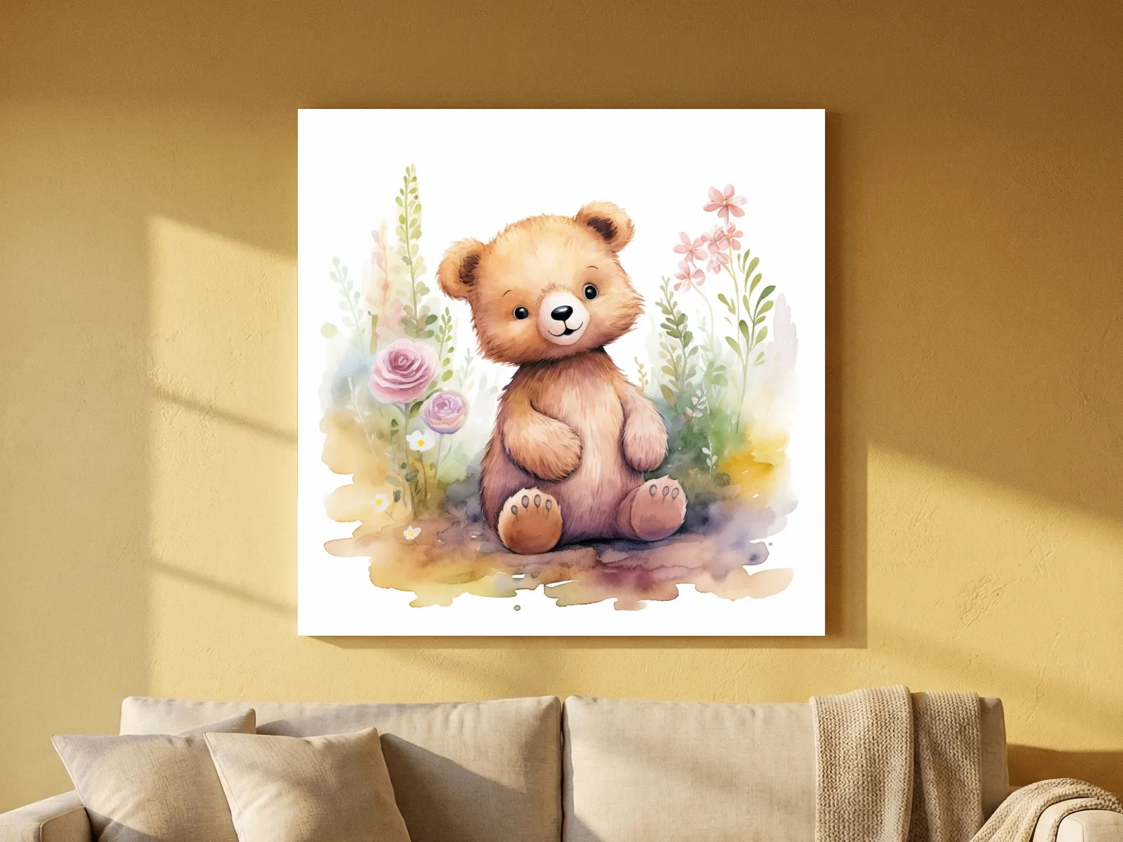 Cute Watercolor Teddy Bear With Pastel Flowers - Nursery Animal Wall Art