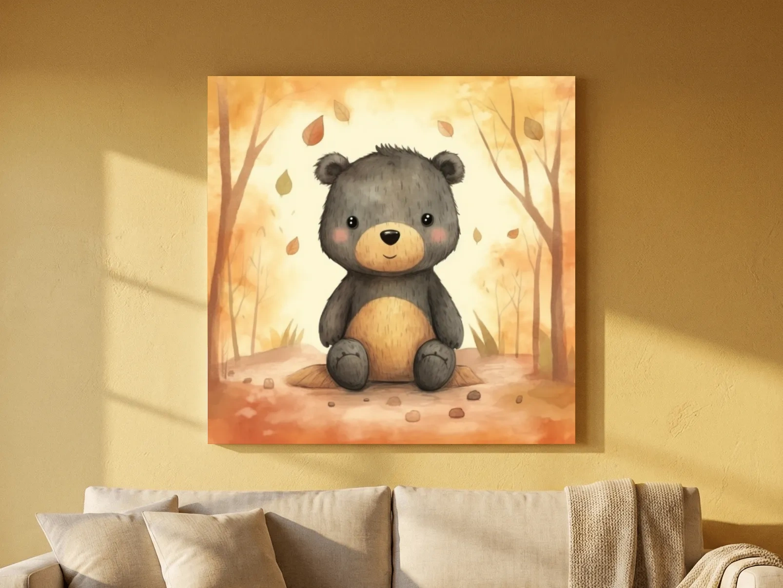 An illustration of a cute bear sitting in the forest, childrens art