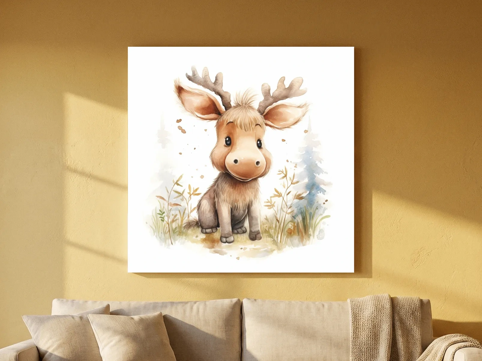 Cute Baby Moose Watercolor Illustration - Woodland Nursery Animal Wall Art
