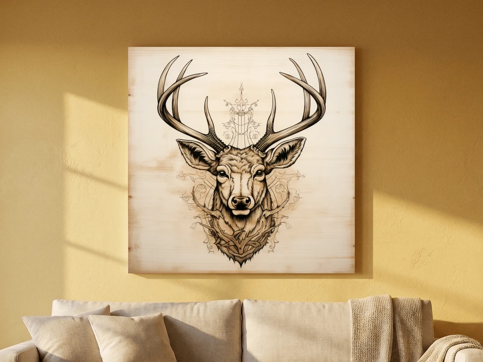 Ornate Deer Head on Wood Sketch Illustration - Rustic Wildlife Wall Art