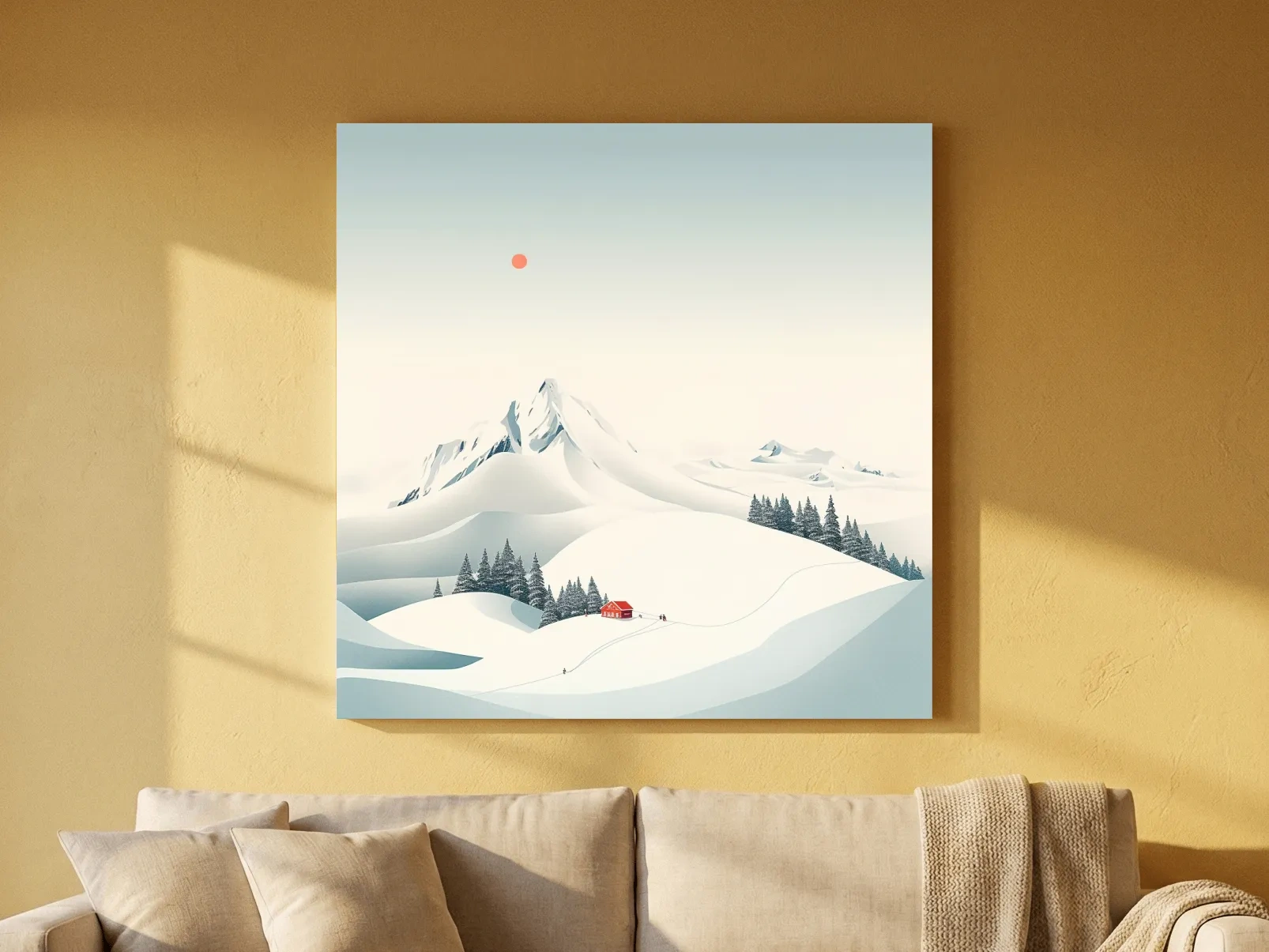 Minimalist Snowy Mountain Cabin Landscape - Winter Wall Art