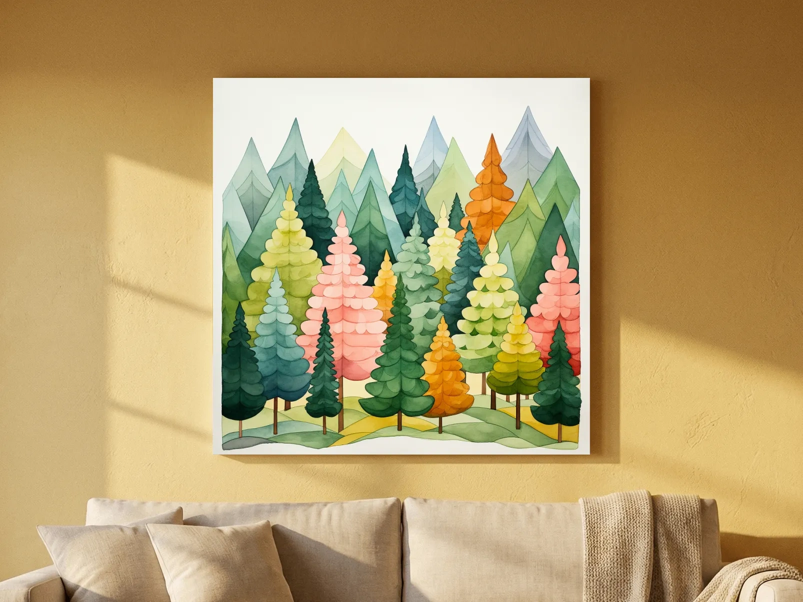 Whimsical Watercolor Pine Forest Mountains - Pastel Nursery Childrens Wall Art
