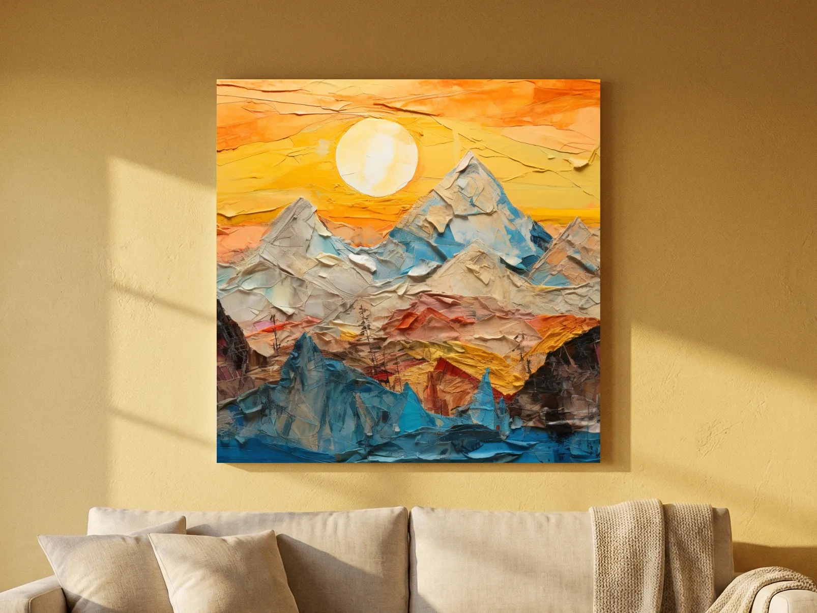 Collage Mountain Sunrise Painting - Warm Abstract Landscape Wall Art