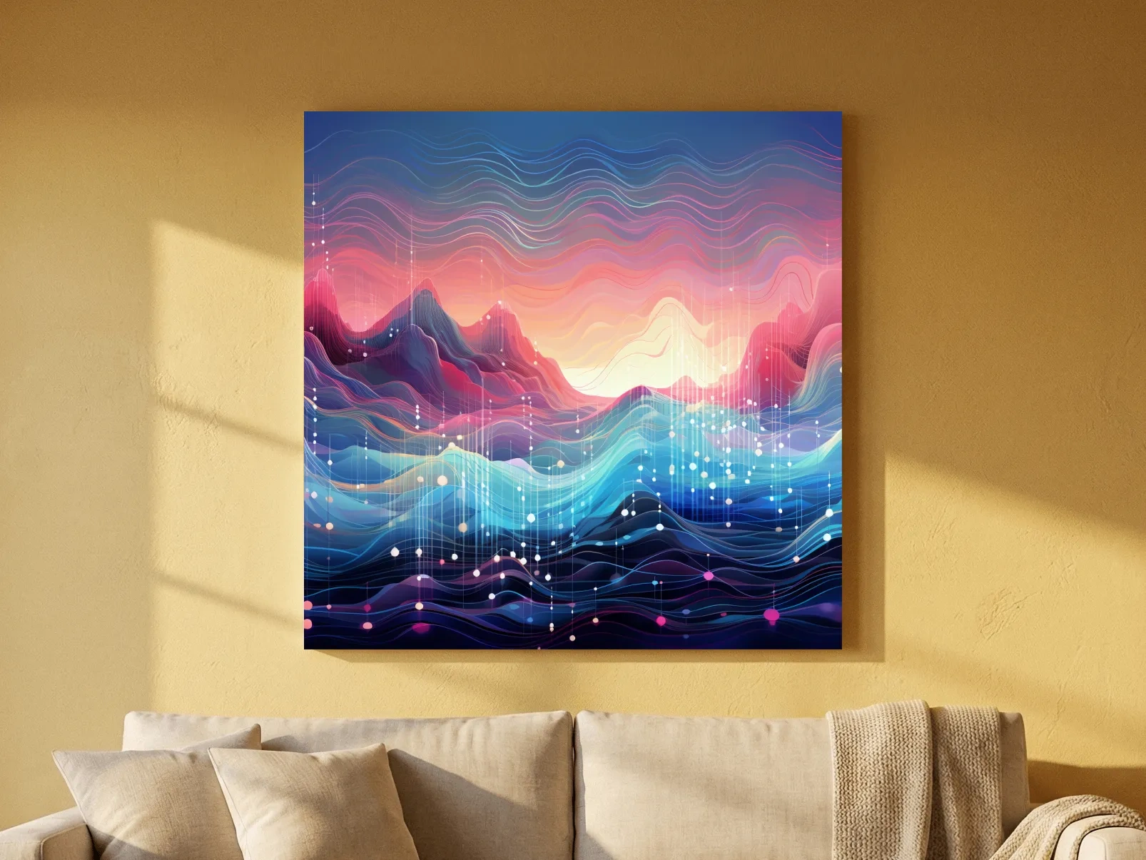 Funky Abstract Soundwave Mountain Patterns - Neon Sunset Landscape Wall Art