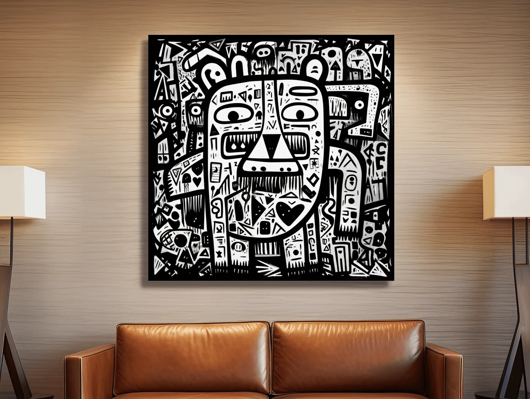 Abstract Black And White Graffiti Bear Doodle Art - Bold Geometric Animal Wall Art