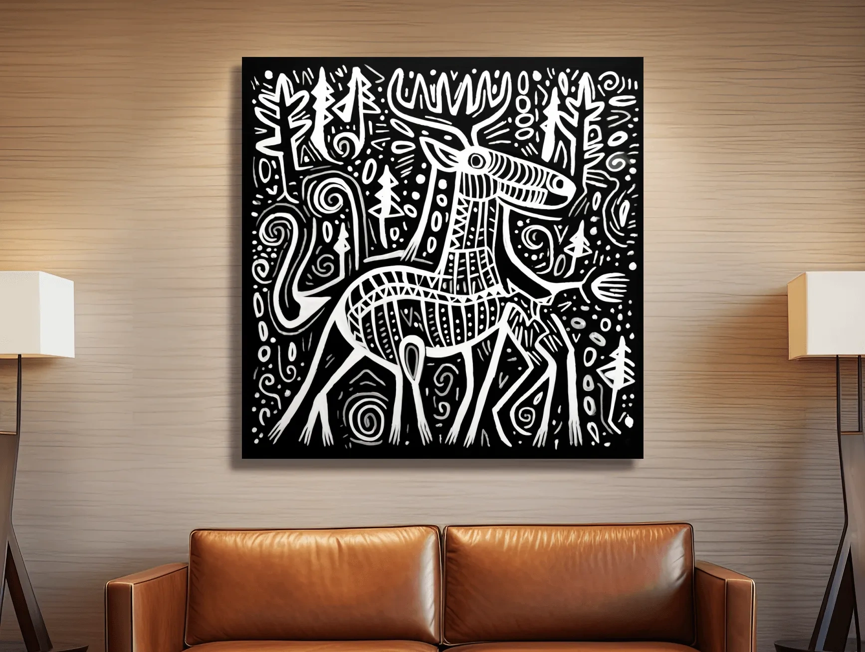 Quirky tribal style moose illustration art