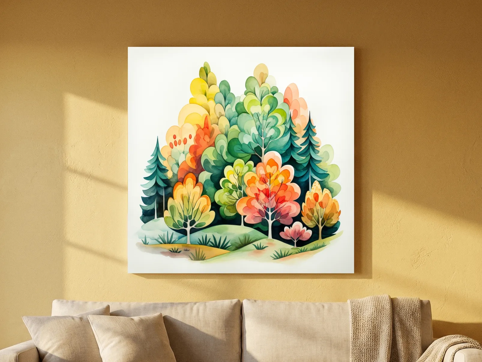 Whimsical Watercolor Forest Trees Illustration - Colorful Botanical Wall Art