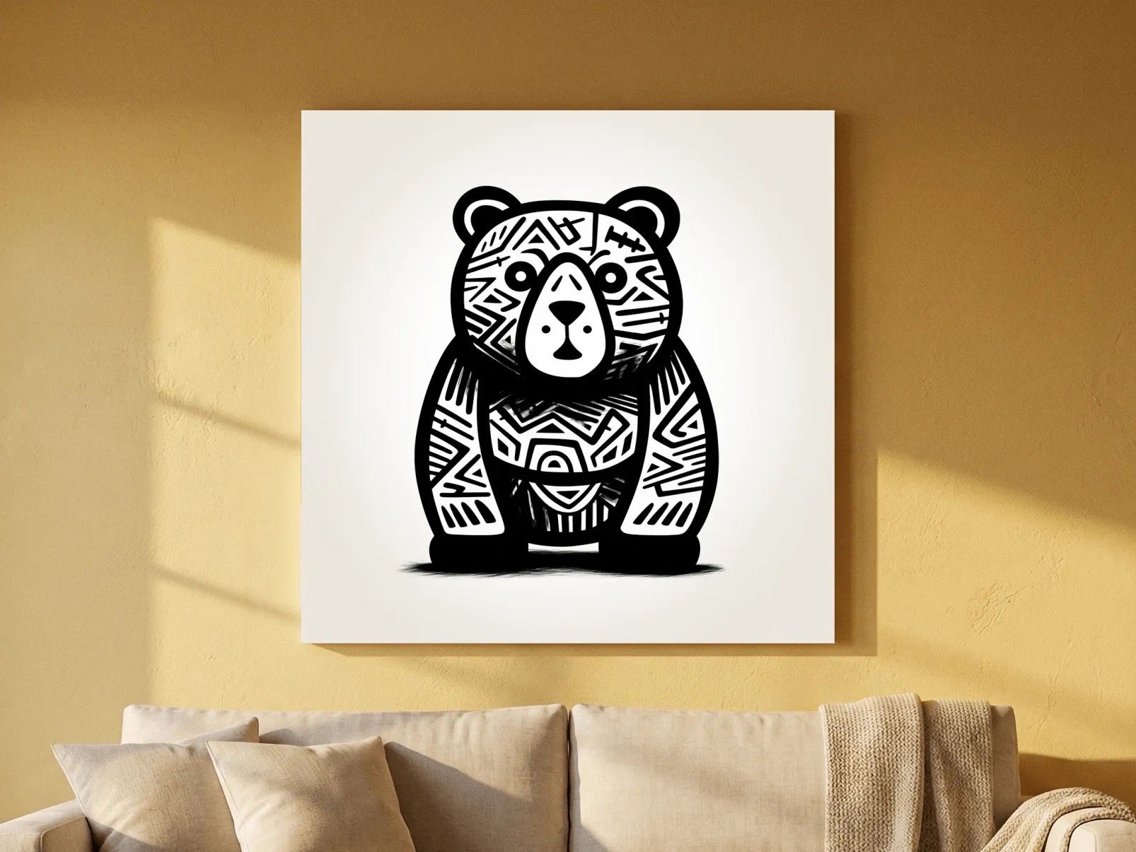 Tribal Pattern Bear Illustration - Quirky Black And White Animal Wall Art