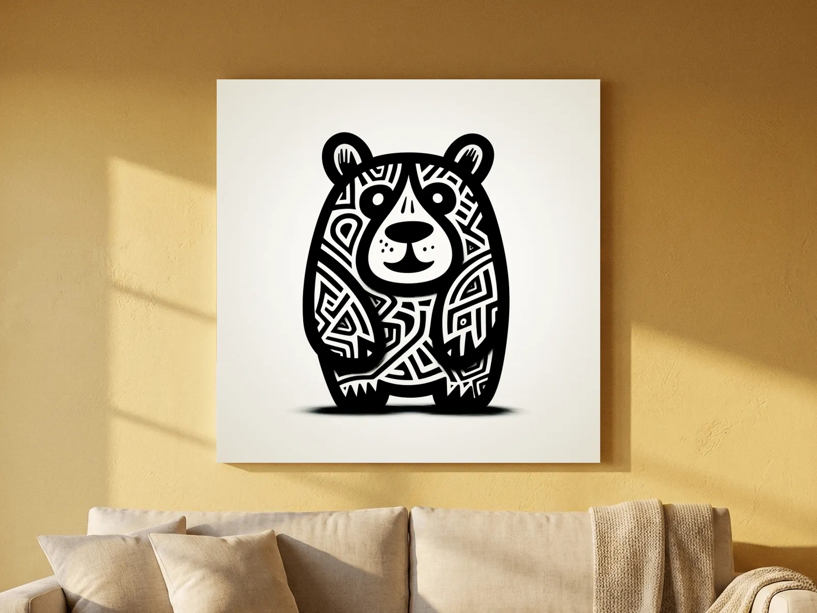 Tribal Cartoon Bear Illustration - Minimalist Black And White Wildlife Wall Art