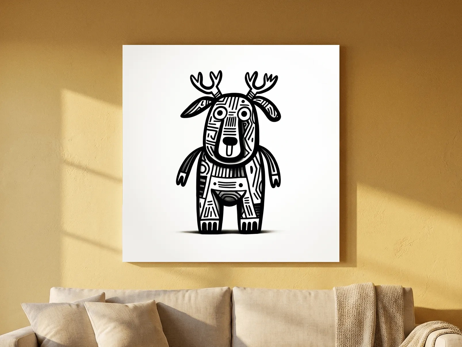 Whimsical Tribal Deer Illustration - Quirky Black And White Animal Wall Art