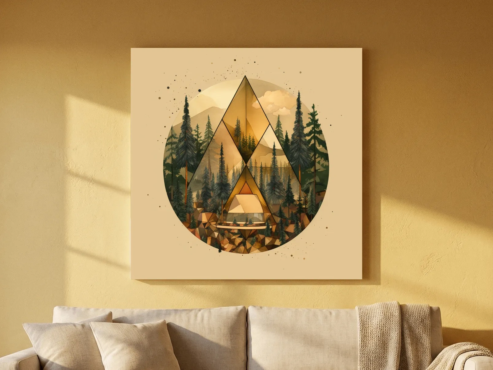 Geometric Mountain Cabin Forest Landscape - Modern Abstract Nature Wall Art